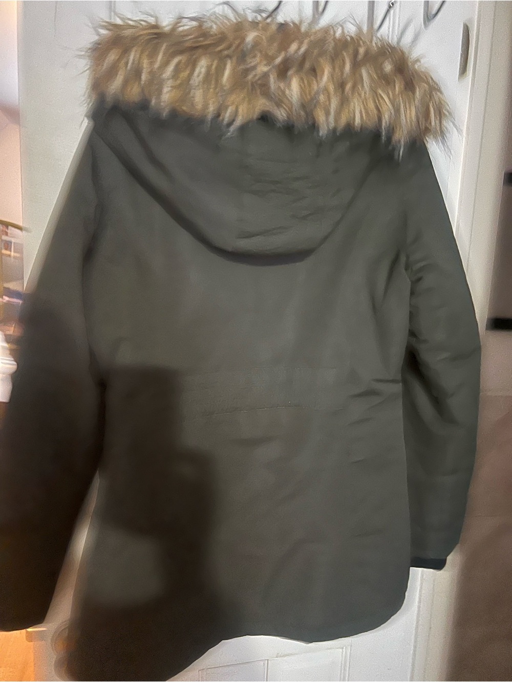 Mens Olive Green Parka Coat with Faux Fur Hood